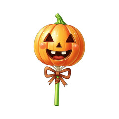 Whimsical halloween pumpkin lollipop with a happy face design on white background