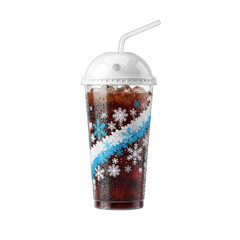 Festive holiday soda with ice in a snowflake cup against a stark black backdrop on white background