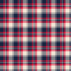 Classic plaid fabric pattern in navy, red, and cream with balanced crisscrossed lines, ideal for seamless fashion and cozy textile designs