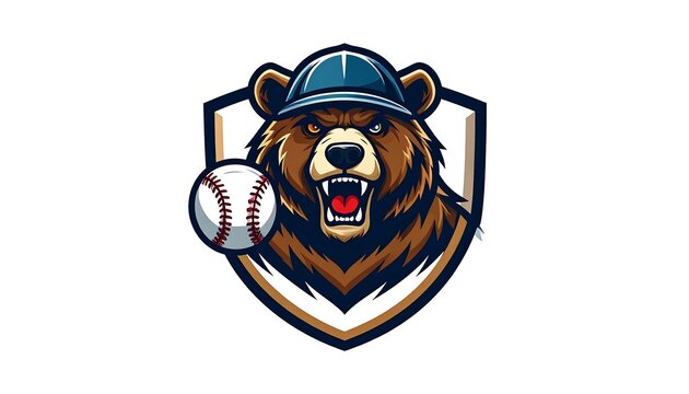 A fierce, brown bear mascot wearing a baseball cap and holding a ball, set against a shield backdrop. The bear is snarling - Powered by Adobe