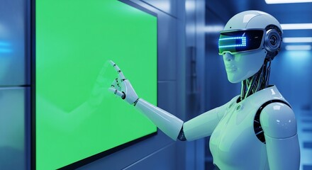 Futuristic female humanoid robot with AI touching a large green screen display in a modern corridor.