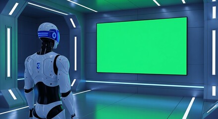 Advanced humanoid robot in a futuristic room looking at a large blank green screen display.