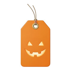 Halloween themed orange tag with a jacko'lantern face on white background