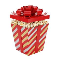 Festive popcorn box with a red bow ready for a movie night celebration snack on white background
