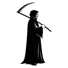 Grim reaper silhouette standing with scythe against a stark on white background
