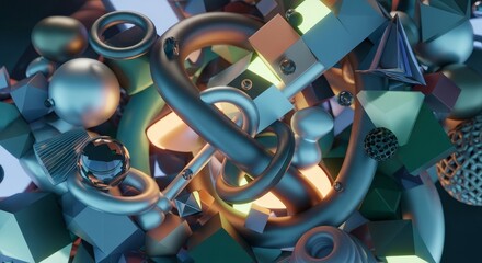 Abstract geometric shapes and metallic forms creating complex entanglement