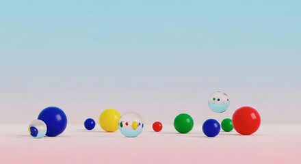 Colorful spheres arranged on a pastel surface with a gradient sky background
