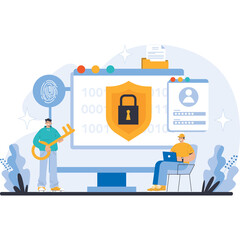 Digital Security Concept With Two Men A Large Monitor Displaying A Shield With A Lock And Binary Code And A Fingerprint Icon And A Key In A Modern Flat Design Style