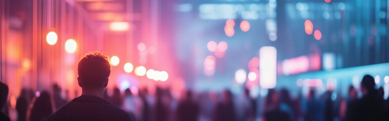Blurred Crowd in Urban Setting with Vibrant Lights, Exploring Nightlife Ambience