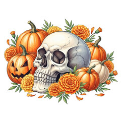 Halloween skull surrounded by pumpkins and marigolds on white background