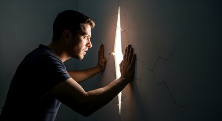 Man pushing a glowing wall crack, symbolizing breakthrough, hidden opportunities, and the resolute pursuit of new light and discoveries beyond barriers