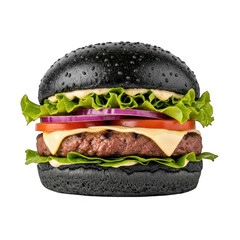Delicious black burger with fresh ingredients against a on white background