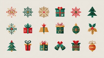 Festive Christmas Decorations and Holiday Gifts with Snowflakes and Holly on White Background