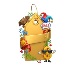 Whimsical sale tag with dollar character and gargoyle offering promotional savings on white background