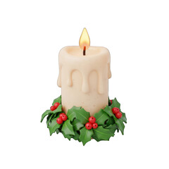 Festive candle with holly wreath and bright flame on white background