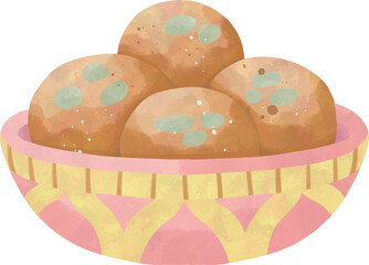 Bowl of Indian sweets, watercolor festive dessert clipart