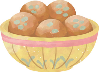 Watercolor bowl of sweets, Diwali mithai dessert illustration