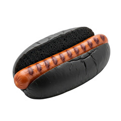 Grilled hot dog in a black bun against a dark studio background shot on white background
