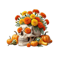 Skull adorned with marigolds and pumpkins for a festive halloween celebration on white background