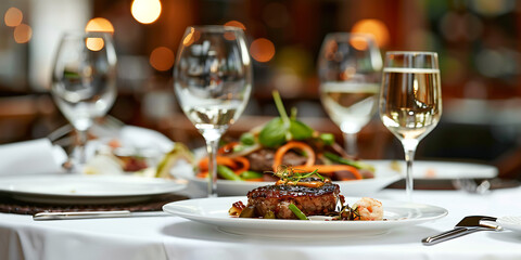 Elegant steak dinner with wine in a fine dining restaurant setting