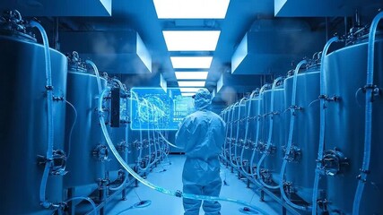 Scientist in sterile protective suit monitors advanced bioreactor fermentation tanks in a futuristic blue-lit laboratory with - Powered by Adobe