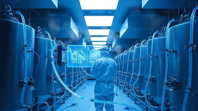 Scientist in sterile protective suit monitors advanced bioreactor fermentation tanks in a futuristic blue-lit laboratory with