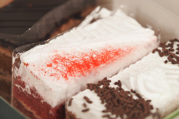 Colorful dessert arrangement in a display case