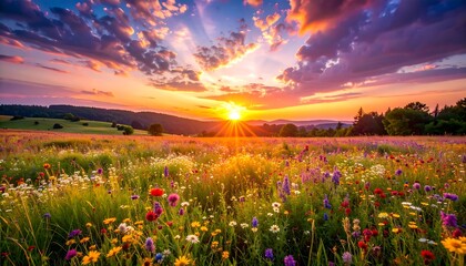 Field of colorful wildflowers at sunset, with golden sunrays