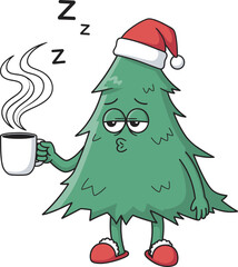 Sleepy Christmas Tree with Coffee Cup – Funny Vector