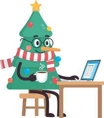 Christmas Tree Working on Laptop and Drinking Coffee – Funny Holiday Office Vector