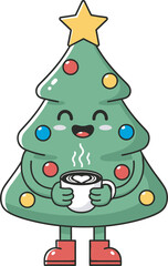 Happy Christmas Tree Holding Coffee Cup – Cute Vector Illustration