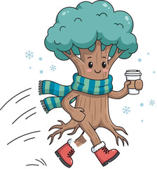 Cute Tree Walking with Coffee Cup in Winter – Funny Nature Character Vector