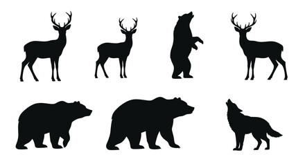 Silhouettes of majestic deer bears and a howling wolf in nature
