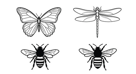 Delicate black and white illustrations of insects including a butterfly and bees