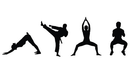 Silhouettes demonstrating various yoga and martial arts inspired poses