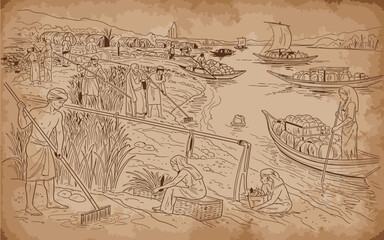 Ancient Egyptian river scene depicting daily life, agriculture, and river transport with a shadoof and boats on the Nile.