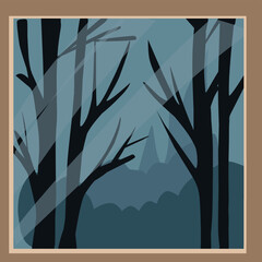 Flat Winter Forest at Night Vector Illustration