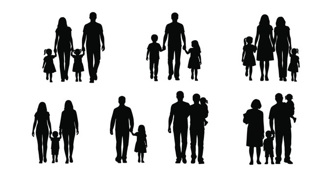 Silhouettes of diverse families walking together representing unity and connection