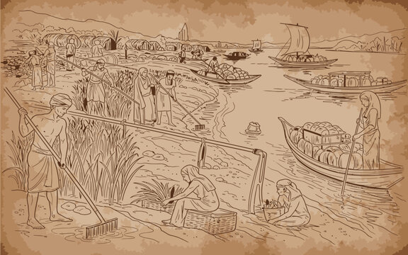 Ancient Egyptian river scene depicting daily life, agriculture, and river transport with a shadoof and boats on the Nile.