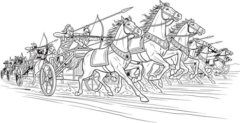 A dynamic black and white line art illustration showing ancient warriors in a chariot charge. The main chariot, pulled by four galloping horses, carries a driver, an archer drawing his bow, and a spea