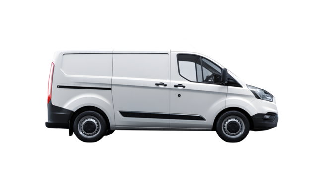 Modern white commercial cargo van with tinted windows and black trim isolated on transparent background