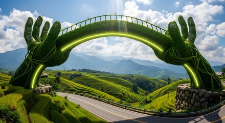 Giant green hands covered in vines form an archway over a scenic mountain landscape with terraced fields