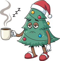 Tired Christmas Tree with Coffee – Funny Sleepy Holiday Vector