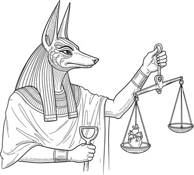Anubis, the ancient Egyptian god with a jackal head, holding a balance scale weighing a heart, in a detailed line drawing.