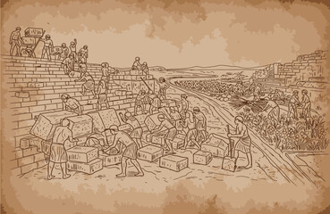 Obraz premium Ancient construction scene depicting numerous workers building a large stone wall or fortification.