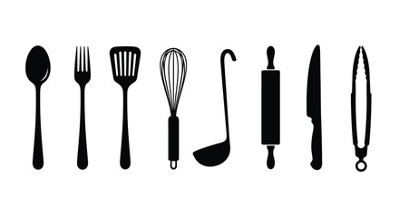 Fototapeta premium Black silhouette illustration featuring various cooking utensils arranged in a row