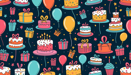 fun hand drawn seamless pattern with cakes, gift boxes, balloons, confetti and party decorations, colorful doodle style, playful background for birthday celebrations, textiles, banners, wallpapers, 
