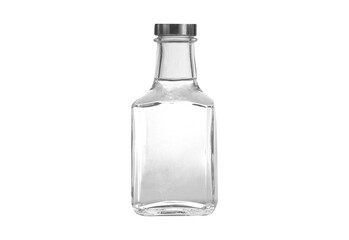 Clear glass bottle with clear liquid isolated on transparent background