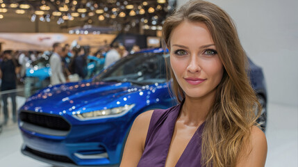 Confident Woman Posing at Modern Car Show with Sleek Blue Sedan in Background