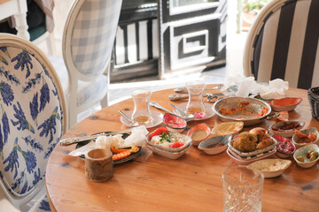 Table after a lively meal in a quaint restaurant
